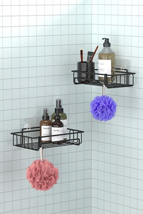 Teknotel Banyo Düzenleyici Şampuanlık Banyo Duş Rafı 2 Adet Banyo Rafı Mat Siyah ST242H