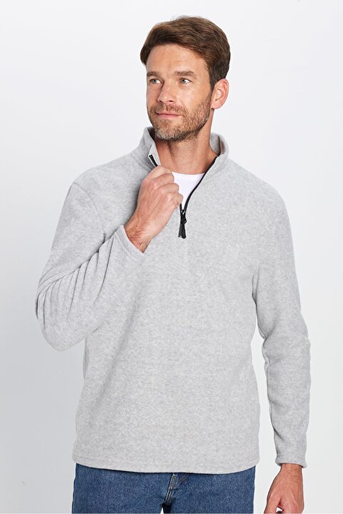 Tudors Unisex Standart Fit Tüylenmeye Karşı Dirençli Soğuğa Karşı Dayanıklı Gri Dik Yaka Polar Sweatshirt