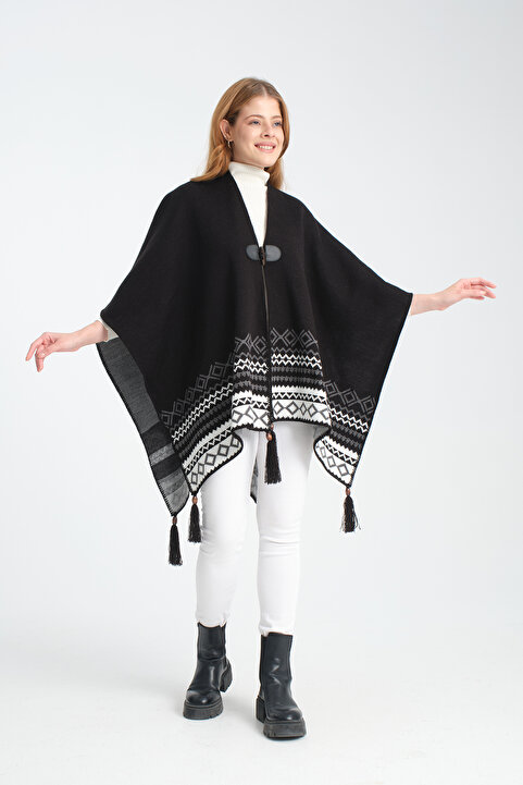 VEGA MODA Etnik Desenli Panço, Balıkçı Dikişli Düğme Detaylı Panço, Dış Giyim Panço, Triko Örğü Şık Panço
