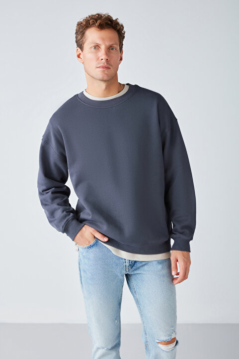 GRIMELANGE Stephan Erkek Yumuşacık Kumaşlı Organik Pamuklu Oversize Fit Yuvarlak Yakalı Antrasit Sweatshirt