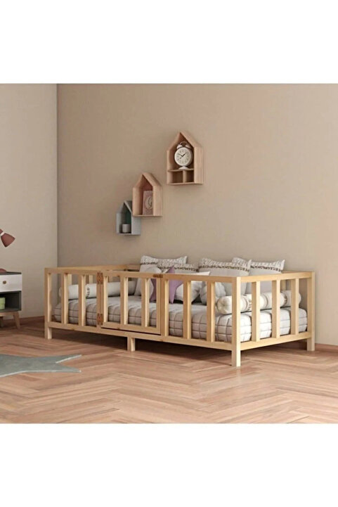 BRK Design Kapılı Unisex Montessori Bebek Ve Çocuk Karyolası Doğal Ahşap Yatak