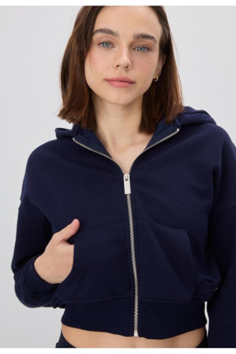 TUBİA Kadın Lacivert Kapüşonlu Şardonlu Crop Sweatshirt Hırka