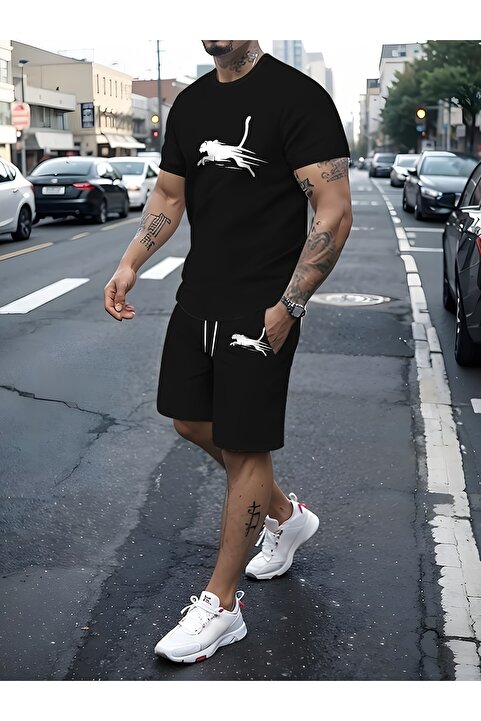 Genel Markalar Erkek Siyah Oversize ÇITA Baskılı Bisiklet Yaka Kısa Kollu T-shirt Şort Takımı