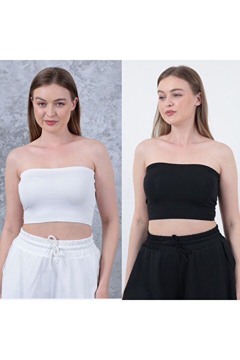 WAYS Kadın Siyah-Ekru Straplez Büstiyer Crop