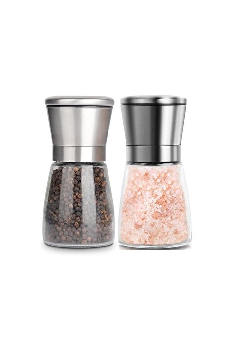 Kitchen Design Lab Cam Gövdeli Metal Krom Renk Kapaklı Tuz Karabiber Değirmeni Tuz Karabiber Öğütücü 10 Cm 2 Adet