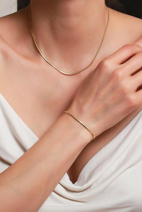 Bayar Gold 14 Ayar Altın Balık Sırtı Zincir Kolye ve Bileklik Seti
