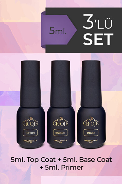 CROJE KALICI OJE Kalıcı Oje Protez Tırnak Top Coat, Pro Rubber Base Coat, Primer 3lü Set