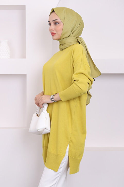 İmajButik Yağ Yeşili Bisiklet Yaka Merserize Salaş Triko Tunik