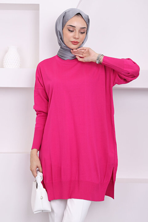 İmajButik KOYU FUŞYA Bisiklet Yaka Merserize Salaş Triko Tunik
