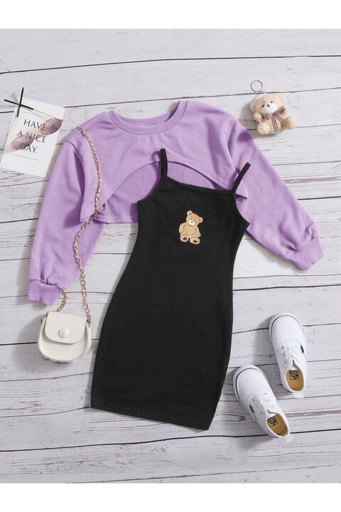 DLRboutique Ayıcık baskı elbise & crop sweat kombin