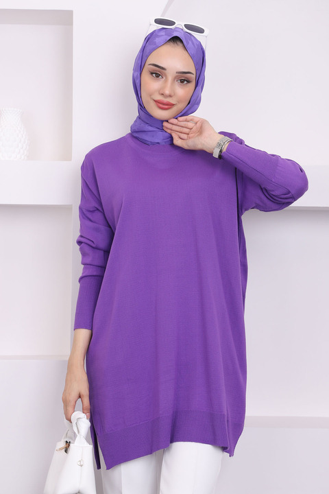 İmajButik Koyu Lila Bisiklet Yaka Merserize Salaş Triko Tunik