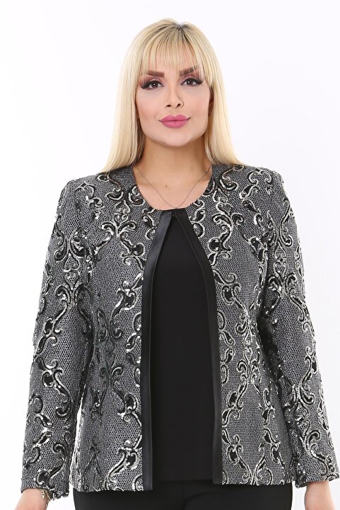 Ladies First Büyük Beden 3724 Siyah-gümüş Ceket+bluz Takım
