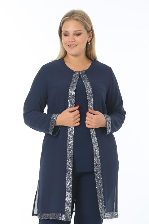 Ladies First Büyük Beden 3717 Lacivert Gümüş Ceket+Bluz İkili Takım