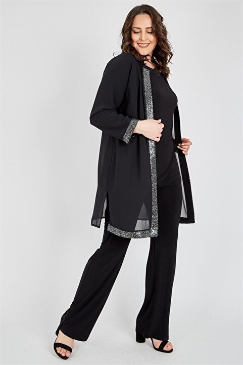 Ladies First Büyük Beden 3552 Siyah Gümüş Ceket+Bluz+Pantolon Üçlü Takım