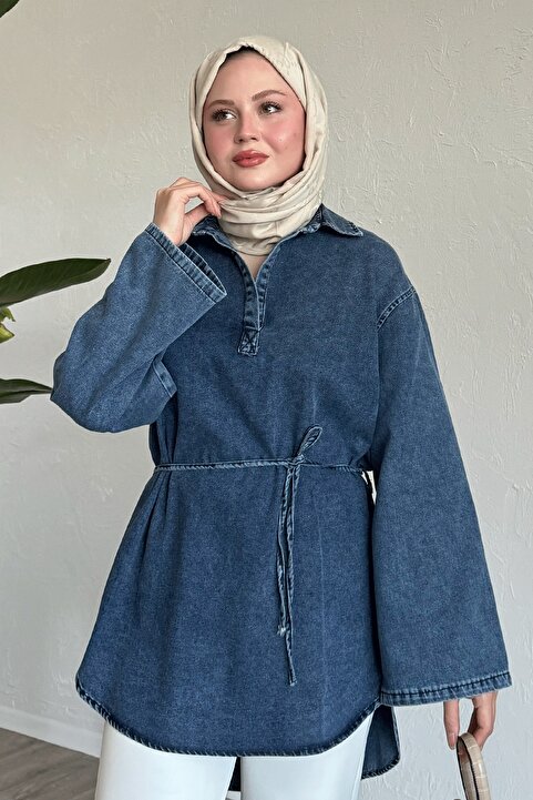 InStyle Geniş Kol İpli Mavi Kot Tunik