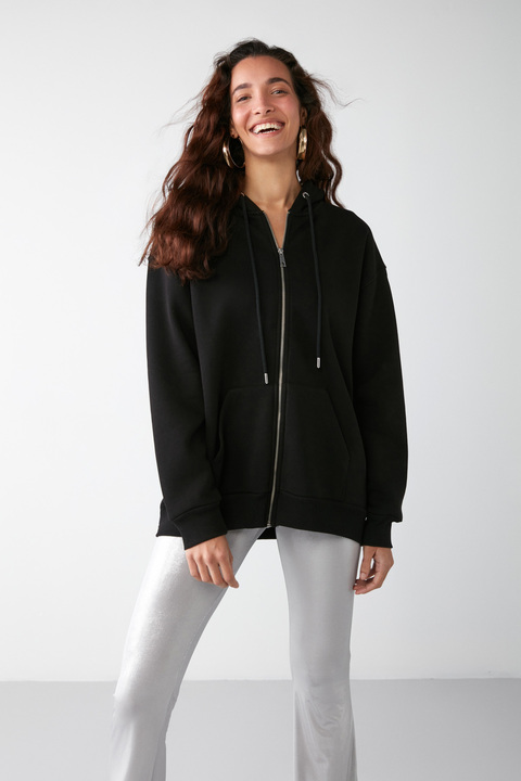 GRIMELANGE Alena Kadın Basic Kanguru Cepli Oversize Organik Pamuk Fermuarlı Kapüşonlu Siyah Sweatshirt