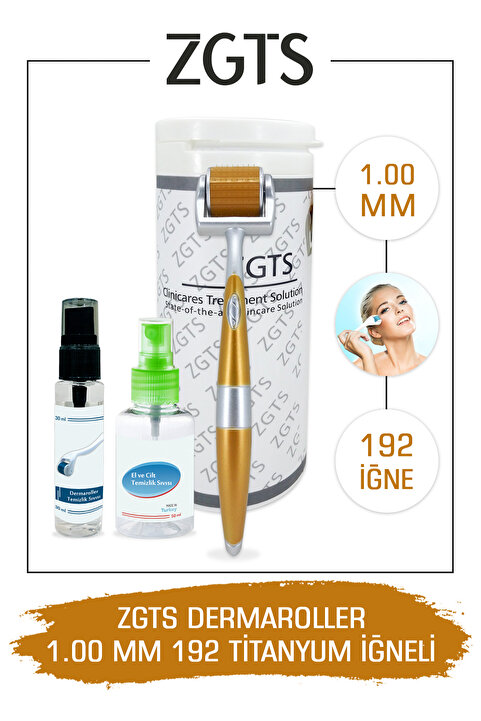 Zgts Dermaroller 1.00mm Dezenfektan Hediye 192 Titanyum Iğneli Gold Derma Roller