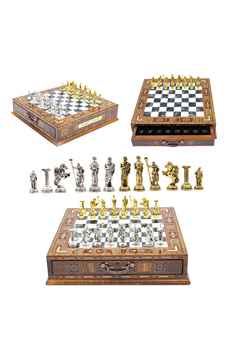 GGS GrandGiftStore Yüksek Kalite Kişiye Özel Hediye Satranç Premium El Işi Satranç Çekmeceli Satranç Metal Taşlar
