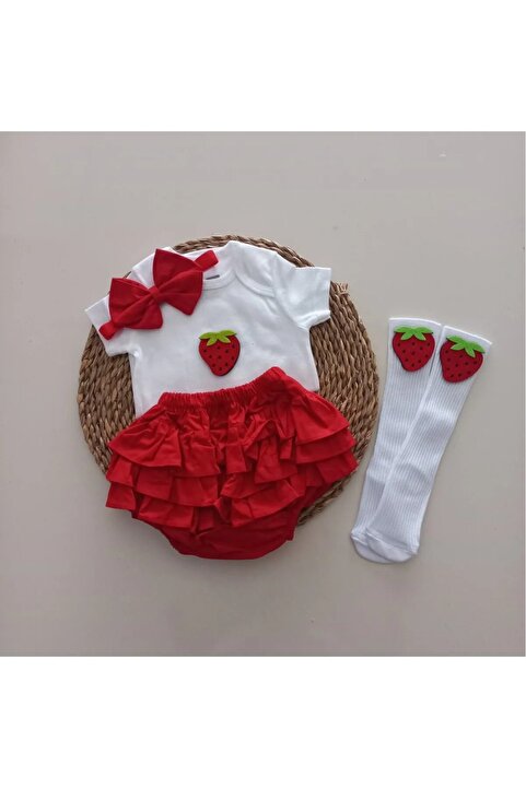 Grande Home Kız Bebek Pembe Çilek Fırfır Bandana Çorap Takım