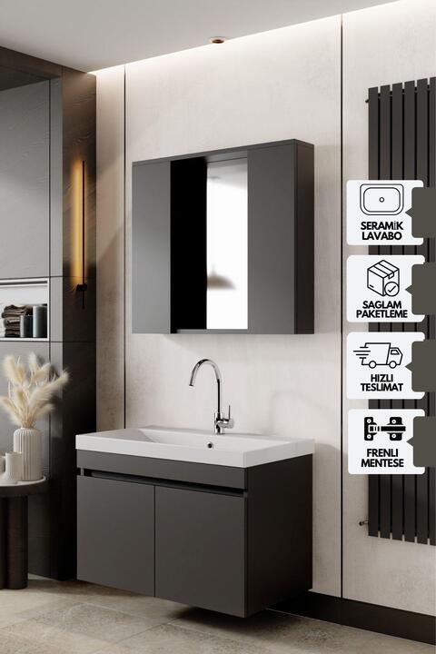 KAREN BANYO Tuana Banyo Dolabı Seti 80 Cm, Mat Antrasit, Seramik Lavabo Dahil, Lavabolu