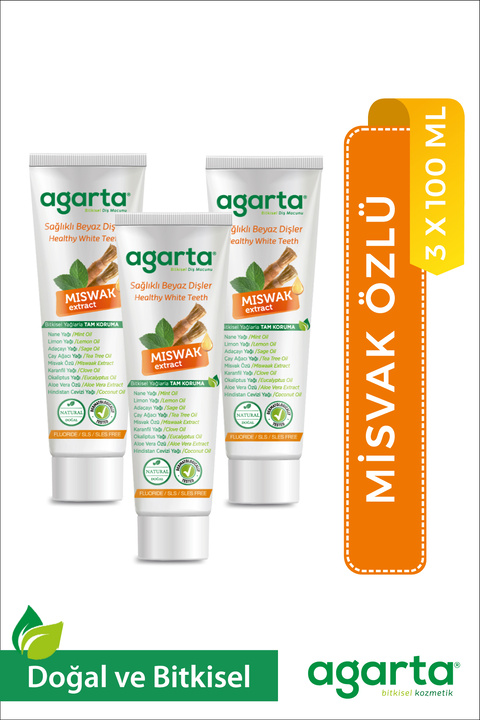 Agarta 3 Adet Doğal Florürsüz Misvak Özlü Diş Macunu 100 ml
