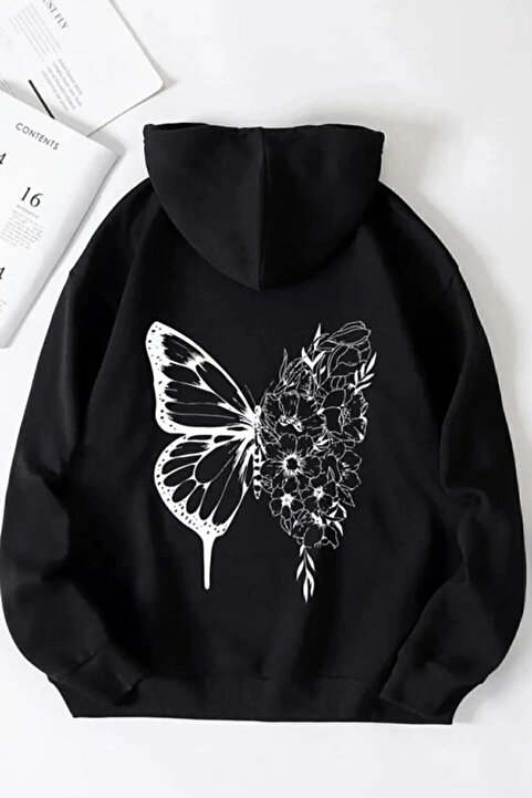 Genel Markalar ceyka tekstil Kadın Oversize Çicekli Kelebek Siyah Sweatshirt