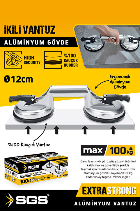 Sgs 955 100 Kg Çift Vakum Cam Mermer Seramik Çiftli Vantuz Cam Tutucu Seramik Mermer Taşıma Vantuzu