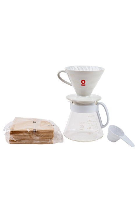Hario V60 Seramik Demleme Seti - 02 Dripper, Servis Sürahisi, Filtre Kağıdı Ve Ölçü Kaşığı
