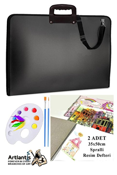 Artlantis Resim Çantası 35x50 cm Resim Defteri Palet Fırça Seti 1 Paket Siyah Resim Proje Çantası Fermuarlı Ku