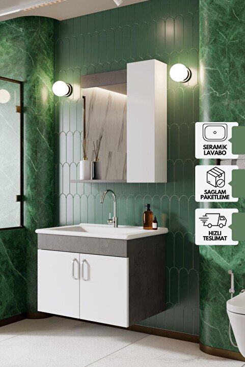 KAREN BANYO Gümüş 65 Cm Lavabolu, Banyo Dolabı Retro Gümüş-Beyaz, Seramik Lavabo Dahil