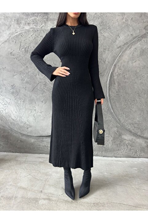 buqre's moda Kadın Midi Fitilli Kışlık Triko Elbise