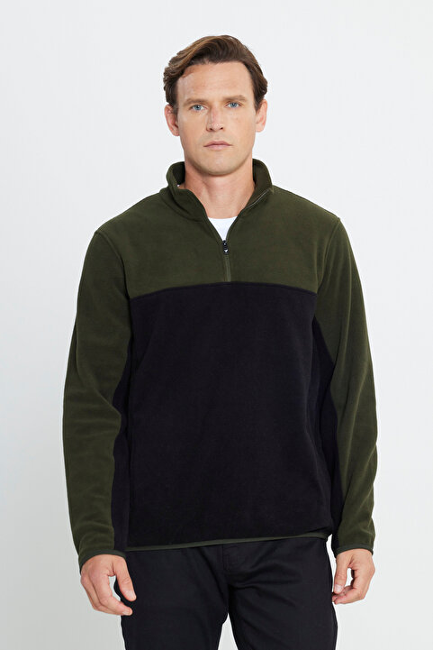 AC&Co / Altınyıldız Classics Erkek Hakı-sıyah Anti-pilling Tüylenme Yapmayan Standart Fit Dik Yaka Içi Polarlı Polar Sweatshirt