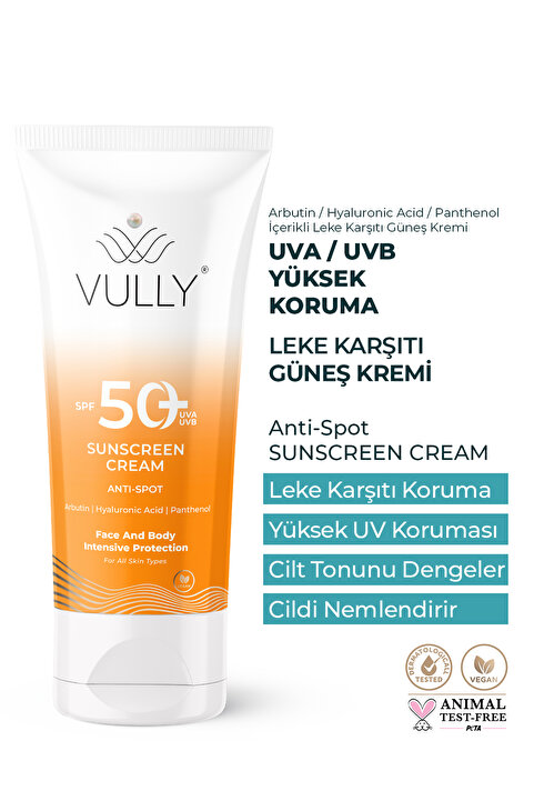 VULLY Leke Karşıtı - Aydınlatıcı ve Nemlendirici Yüksek Koruyucu Spf+50 Yüz ve Vücut Güneş Kremi 50 Ml