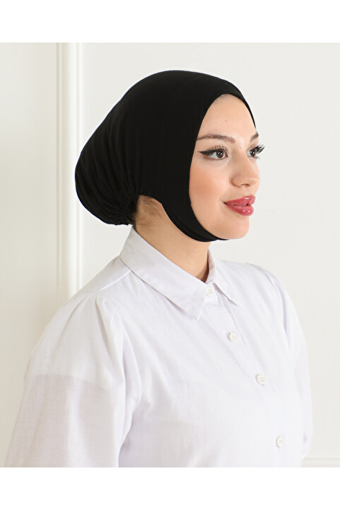 Melodi Scarf Kadın Tesettür Geniş Hacimli Pratik Ense Ve Çene Altından Geçmeli Kaymayan Bone Siyah Çeneli Bone