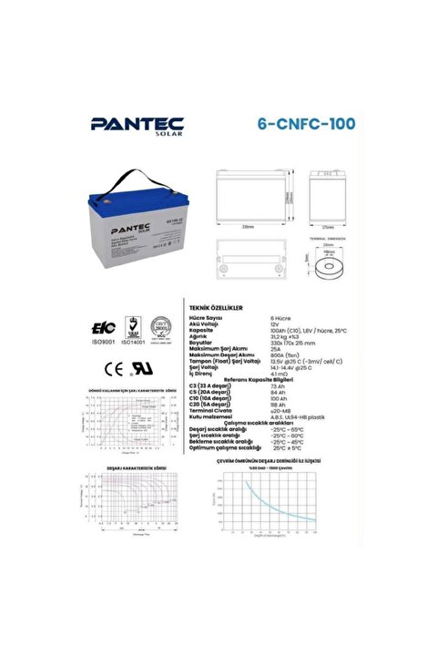 Pantec Solar Pantec 100 Amper Solar Jel Akü Derin Döngü