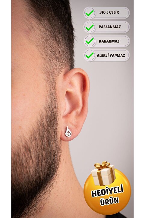 Piercing Market Steel & Silver Erkek Çelik Özel Tasarım Ateş Figürlü Küpe Kararma Solma Yapmaz