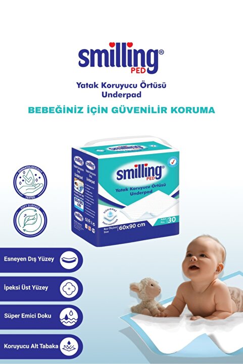 Smilling Pet Smilling Ped Yatak Koruyucu Örtü Bebek Bakım Örtüsü 60x90 Cm 30 Lu