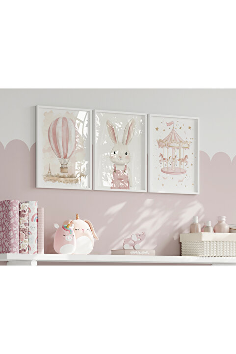 Home Sevimli Pudra Pembesi Set, Çocuk ve bebek Odası 3'lü Çerçevesiz Poster Seti 3 adet