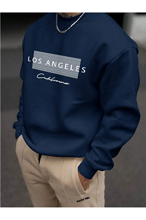 Revasser Unisex Kadın/Erkek Detaylı Los Angeles Özel Baskılı Renkli Oversize Bisiklet Yaka Pamuklu Sweatshirt