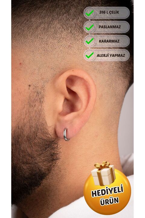 Piercing Market Steel & Silver Erkek Çelik Takı Paslanmaz Kararmaz Özel Tasarım Moda Halka Küpe