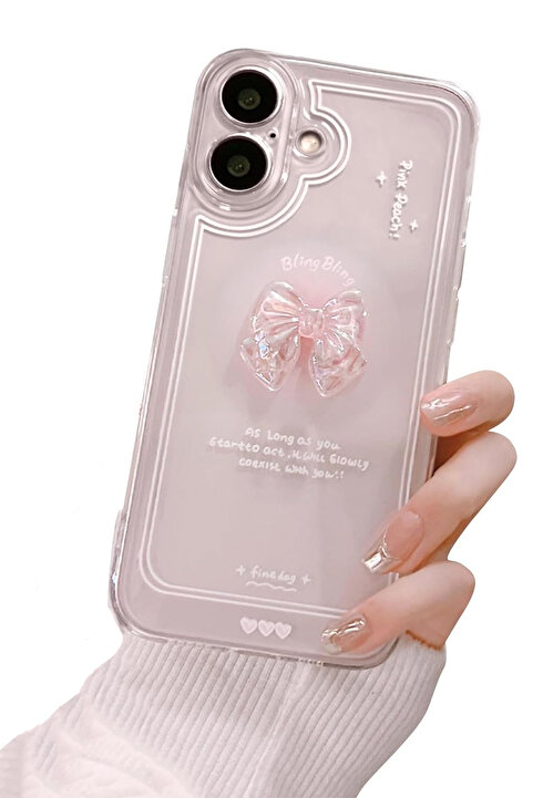KVK PRİVACY Apple Iphone 16 Uyumlu Kılıf '3 Boyutlu Kurdele' Kamera Korumalı Yumuşak Kapak Şeffaf