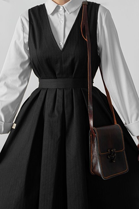 hrmonny Vintage Kadın Modest Siyah V Yaka Kadın Rerto Ekose Uzun Jile Elbise