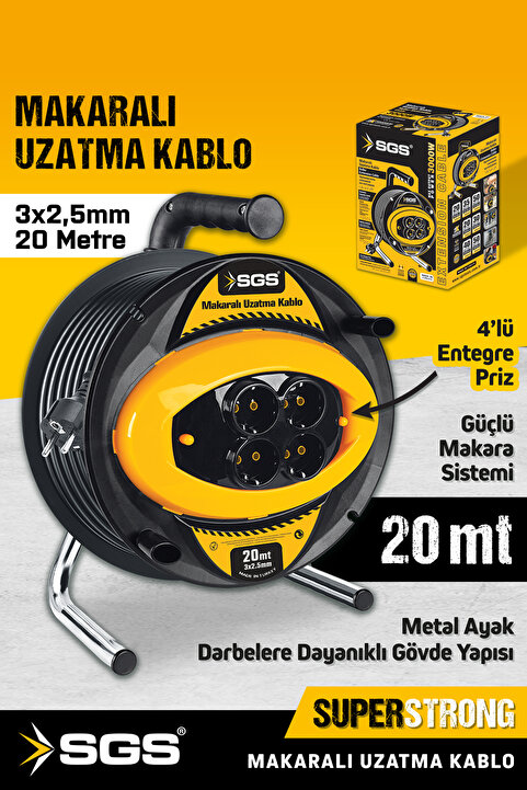Sgs SGS2133 3x2,5mm 20 Metre Makaralı Uzatma Kablo Metal Ayaklı 4 Lü Priz