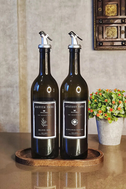 KHAKMA Ahşap Stantlı Amber 2'li 750 ml Zeytinyağı Sıvıyağ Şişesi Yağdanlık Yağlık 750ml