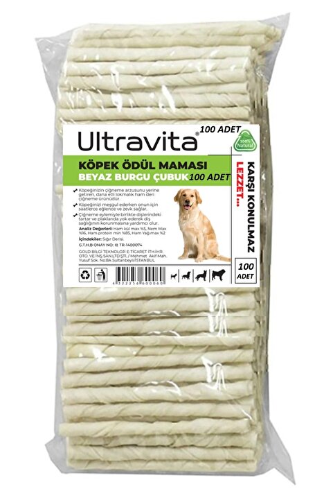 ULTRAVİTA 100'lü Beyaz Burgu Çubuk Köpek Ödül Maması %85 Zenginleştirilmiş Protein Kaynağı %100 Doğal Lezzet
