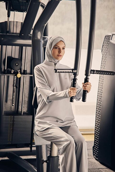 Haşema Active Uzun Kollu Yakası Fermuarlı Gri Tesettür Antrenman Tişörtü Act-9