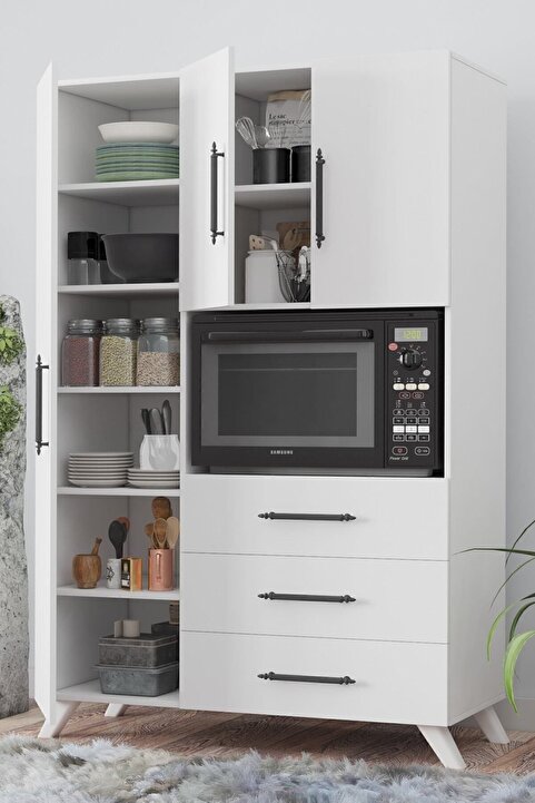 Aeka Ae-2074 Aras Beyaz Çok Amaçlı Mutfak Dolabı&banyo Dolabı, Kiler, 3 Kapaklı, 3 Çekmeceli, Fırın Bölme