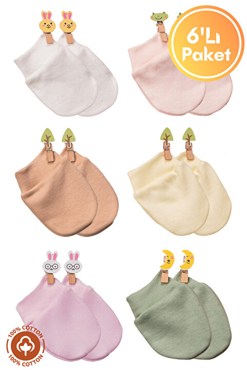 Miniel Unisex Bebek Yenidoğan Penye Organik Pamuklu Bebek Eldiveni 6 Çift  Set