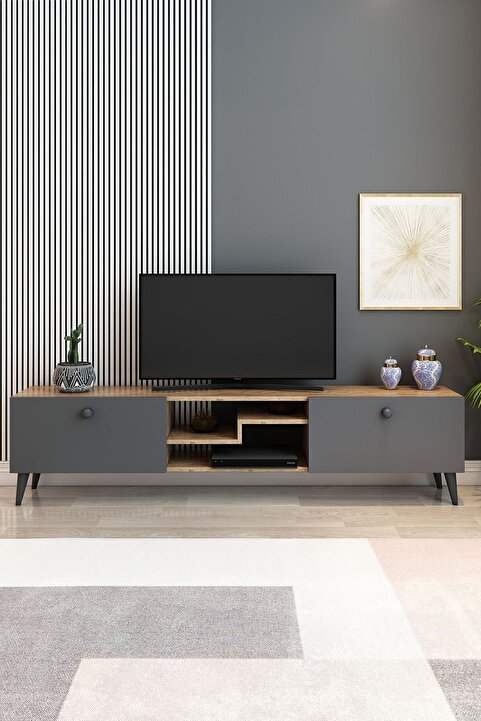 izcodesign Model Z Tv Ünitesi 150 Cm Dekoratif Raflı Iki Kapaklı Tv Sehpası Çam Renk