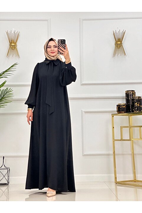 Enans Design Kadın Kap Ferace & Elbise Tesettür  Krep Kumaş Çıkarılabilir Fular, Kuşak olabilir